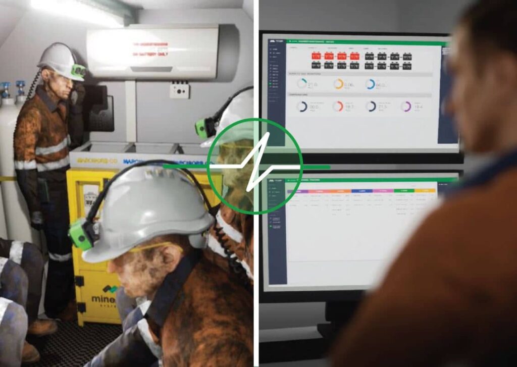 Workers inside a mine refuge chamber and a worker in the control room monitoring gas levels.