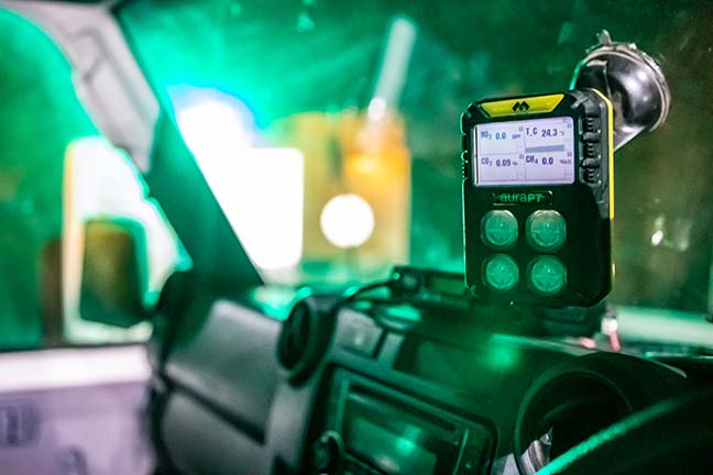 A portable gas detector mounted in a vehicle.
